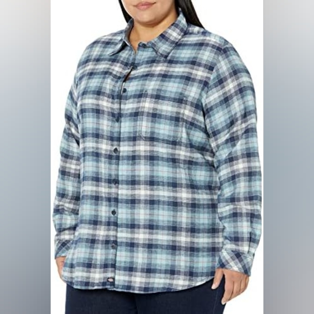 Dickies Blue Plaid Button-Up Shirt Size L 100% Cotton